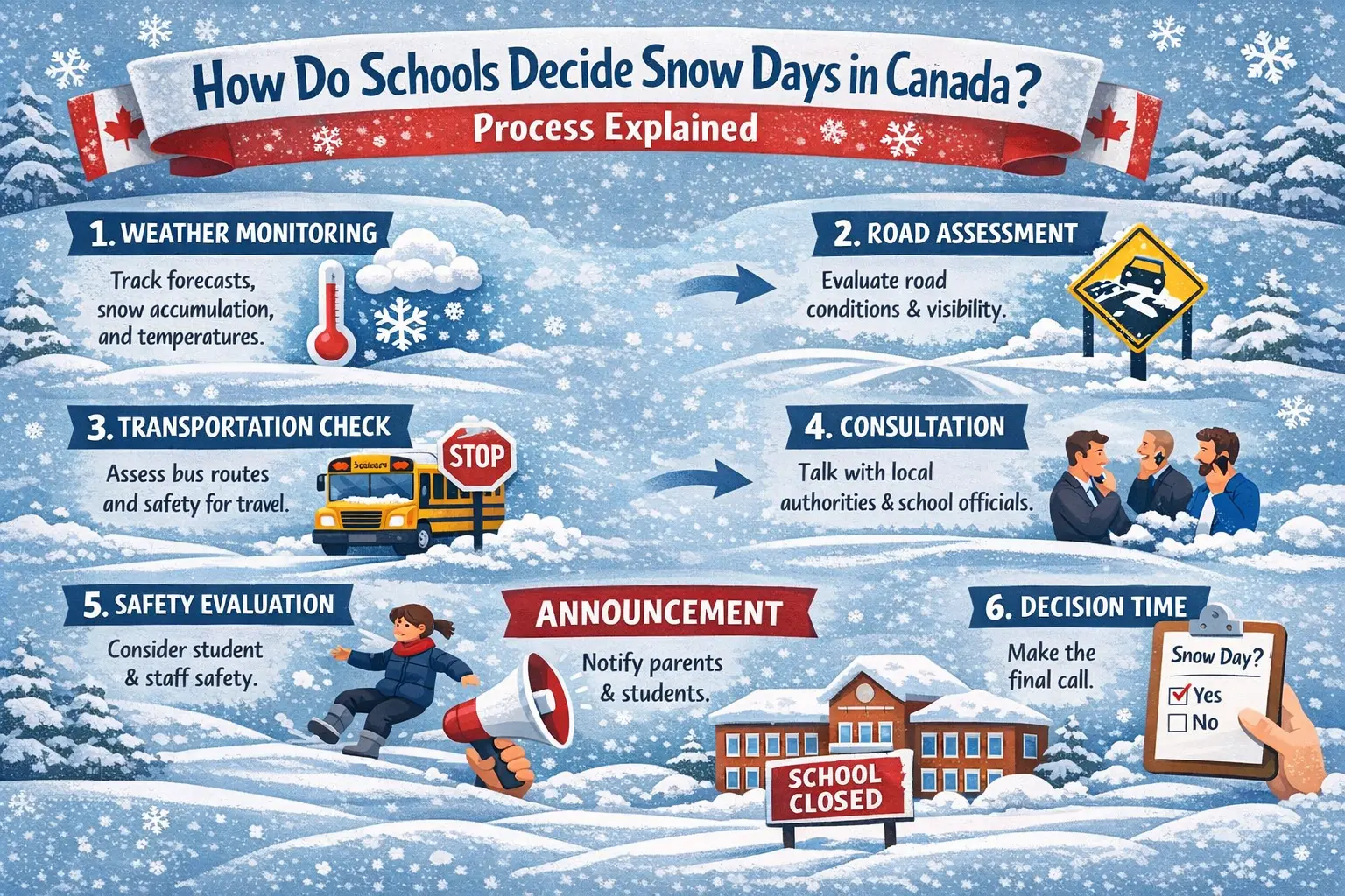 How schools in Canada decide snow days: weather monitoring, road assessment, transportation check, and the final closure call